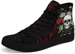 Womens/Mens Fashion High Top Canvas Shoes Lace Up Skull Black Canvas Sneaker Non Slip Casual Comfortable Walking Tennis Shoes