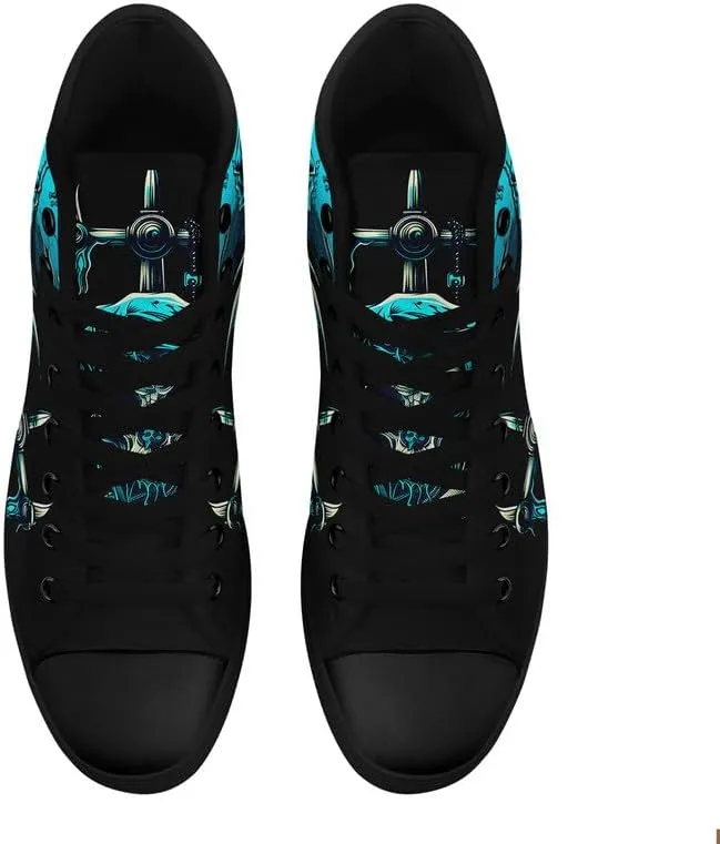 Womens/Mens Fashion High Top Canvas Shoes Lace Up Skull Black Canvas Sneaker Non Slip Casual Comfortable Walking Tennis Shoes