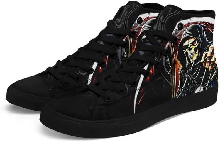 Womens/Mens Fashion High Top Canvas Shoes Lace Up Skull Black Canvas Sneaker Non Slip Casual Comfortable Walking Tennis Shoes