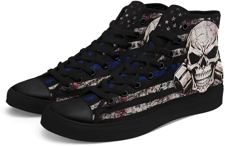 Womens/Mens Fashion High Top Canvas Shoes Lace Up Skull Black Canvas Sneaker Non Slip Casual Comfortable Walking Tennis Shoes
