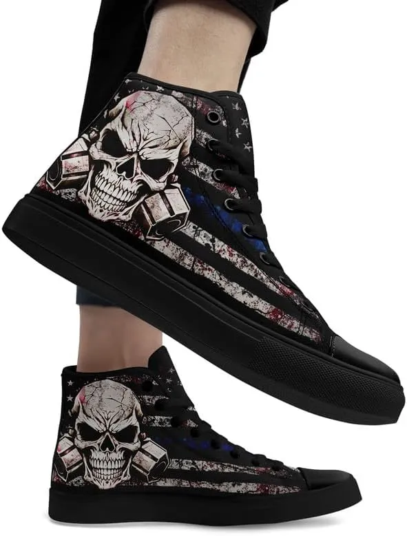 Womens/Mens Fashion High Top Canvas Shoes Lace Up Skull Black Canvas Sneaker Non Slip Casual Comfortable Walking Tennis Shoes