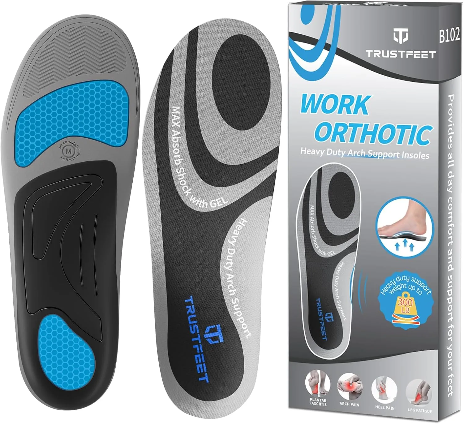 Work Insoles for Men Women, Anti-Fatigue Heavy Duty Arch Support Insoles for Standing All Day, Comfort Shoe Inserts with Gel, Work Boot Inserts-L
