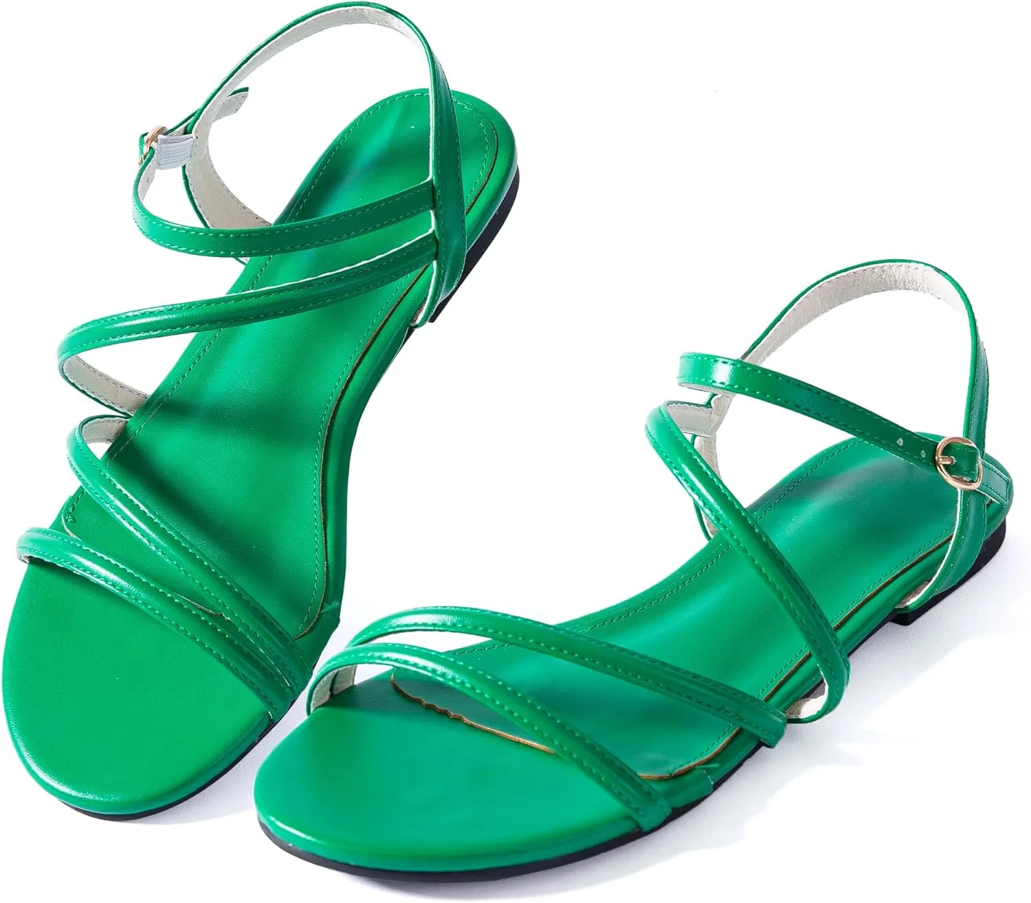 YANWENFANG Women Strappy Flat Sandals, Leather Dressy Summer Slides