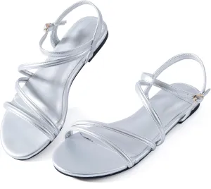 YANWENFANG Women Strappy Flat Sandals, Leather Dressy Summer Slides